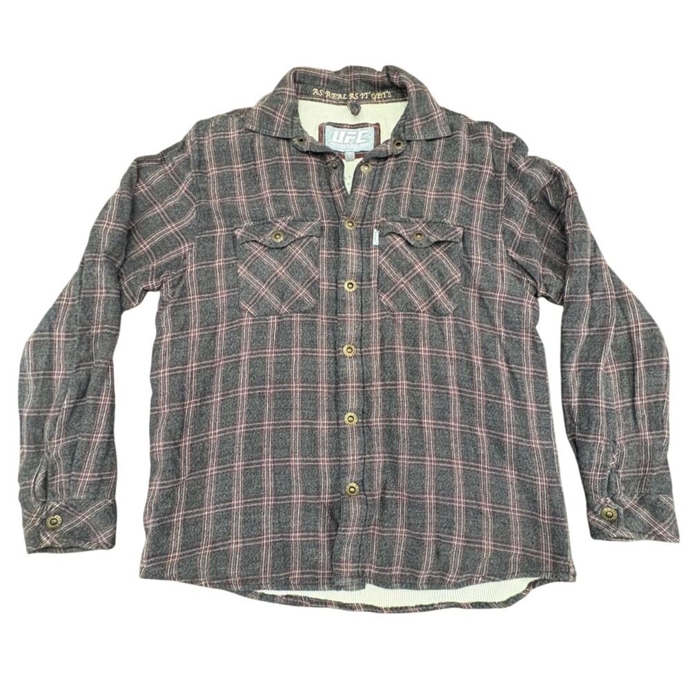UFC Men Charcoal Red Plaid Thermal Lined Flannel Shirt Jacket Size Large Cotton